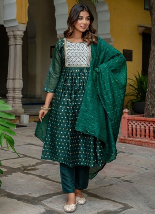 Green and Teal Chanderi Readymade Salwar Suit with Embroidered and Jacquard Work