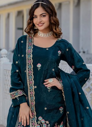 Green and Teal Crush Salwar Suit with Embroidered and Sequins Work