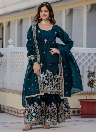Green and Teal Crush Salwar Suit with Embroidered and Sequins Work