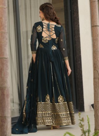 Green and Teal Faux Georgette  Designer Gown with Embroidered, Sequins and Zari Work