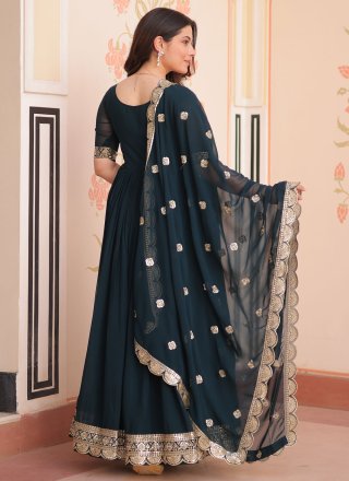 Green and Teal Faux Georgette  Designer Gown with Embroidered, Sequins and Zari Work