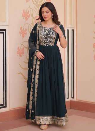 Green and Teal Faux Georgette  Designer Gown with Embroidered, Sequins and Zari Work