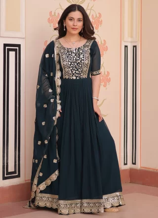 Green and Teal Faux Georgette  Designer Gown with Embroidered, Sequins and Zari Work