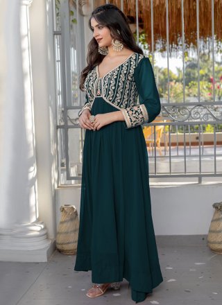 Green and Teal Faux Georgette Embroidered and Zari Work  Designer Gown for Casual