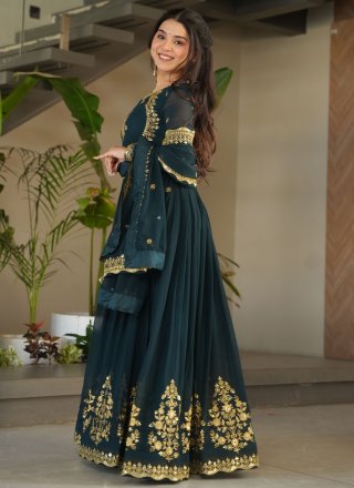 Green and Teal Faux Georgette Gown with Embroidered, Sequins, Thread and Zari Work