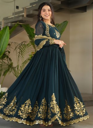 Green and Teal Faux Georgette Gown with Embroidered, Sequins, Thread and Zari Work