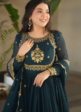 Green and Teal Faux Georgette Gown with Embroidered, Sequins, Thread and Zari Work