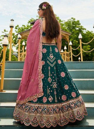 Green and Teal Georgette Embroidered, Sequins and Zari Work Lehenga Choli