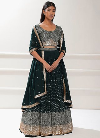 Green and Teal Georgette Lehenga Choli with Sequins and Thread Work for Ceremonial