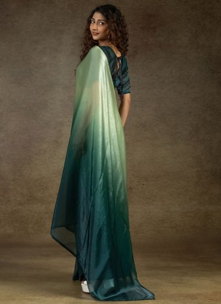 Green and Teal Satin Silk Plain Work Shaded Saree for Casual
