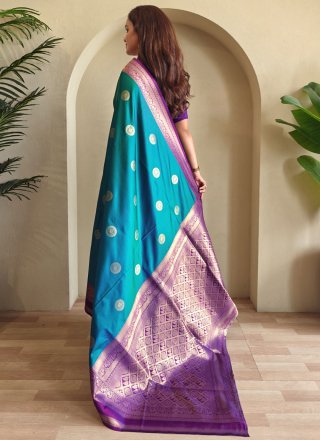 Green and Teal Silk Designer Saree with Woven Work
