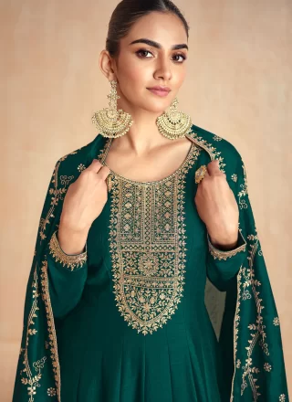 Green and Teal Silk Embroidered and Zari Work Designer Gown for Ceremonial