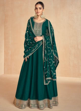 Green and Teal Silk Embroidered and Zari Work Designer Gown for Ceremonial