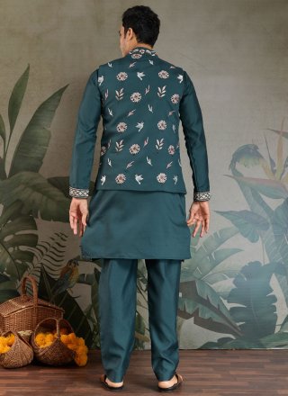 Green and Teal Silk Embroidered Work Kurta Payjama with Jacket for Ceremonial