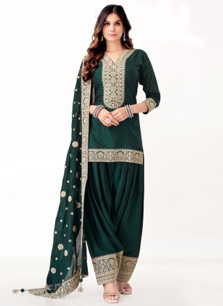 Green and Teal Silk Embroidered Work Readymade Salwar Suit