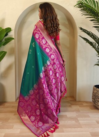Green and Teal Silk Weaving Work Designer Saree for Ceremonial