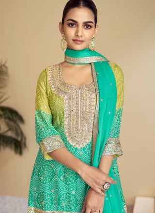 Green and Turquoise Chinon Salwar Suit with Embroidered, Print, Sequins and Thread Work