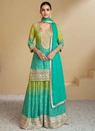 Green and Turquoise Chinon Salwar Suit with Embroidered, Print, Sequins and Thread Work
