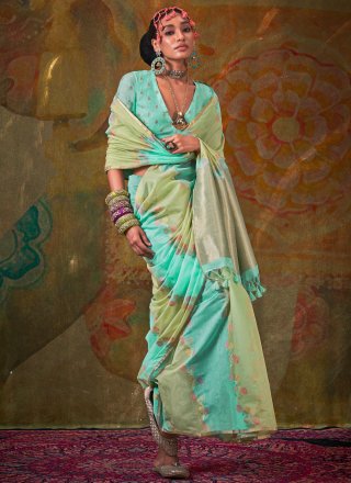 Green and Turquoise Handloom Cotton Contemporary Saree with Weaving Work