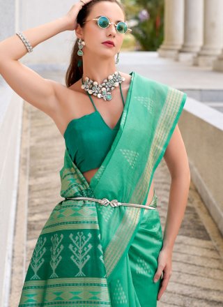 Green and Turquoise Rayon Designer Saree with Weaving Work for Women