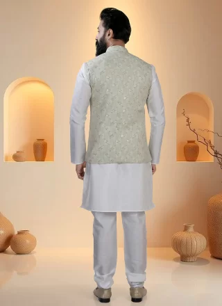 Green and White Cotton Silk Sequins and Thread Work Kurta Payjama with Jacket