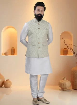 Green and White Cotton Silk Sequins and Thread Work Kurta Payjama with Jacket