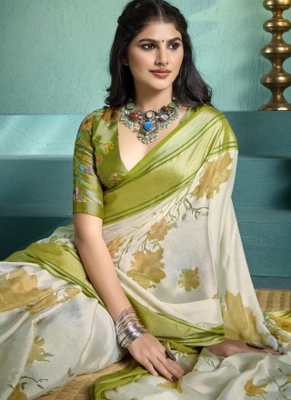 Green and White Silk Fancy and Print Work Trendy Saree