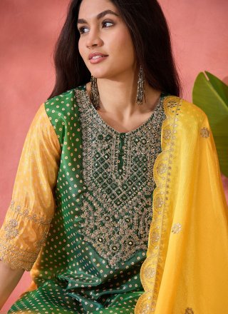 Green and Yellow Chinon Embroidered, Sequins and Zari Work Salwar Suit