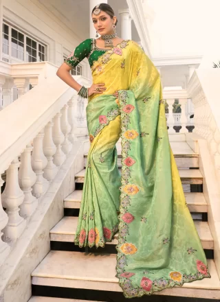 Green and Yellow Cut, Embroidered, Sequins, Weaving and Zari Work Crepe Traditional Saree
