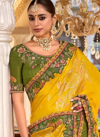 Green and Yellow Silk Cut, Embroidered, Jacquard, Stone, Thread and Zari Work Contemporary Saree for Ceremonial