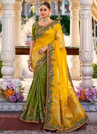 Green and Yellow Silk Cut, Embroidered, Jacquard, Stone, Thread and Zari Work Contemporary Saree for Ceremonial