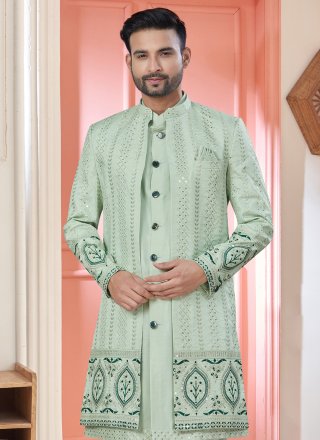 Green Art Silk Indo Western with Embroidered and Sequins Work for Men