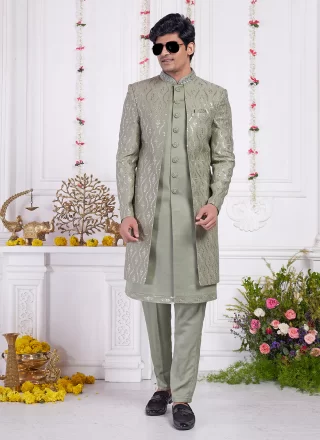 Green Art Silk Indo Western with Thread Work for Men