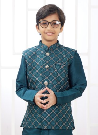 Green Art Silk Kurta Payjama with Jacket with Machine Embroidery Work
