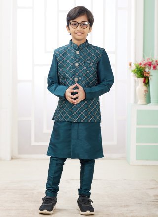 Green Art Silk Kurta Payjama with Jacket with Machine Embroidery Work