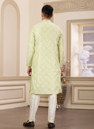 Green Art Silk Kurta Pyjama with Machine Embroidery Work