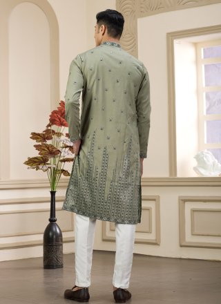 Green Art Silk Machine Embroidery Work Kurta Pyjama for Ceremonial