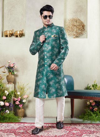 Green Art Silk Thread Work Sherwani Mens Wear for Ceremonial