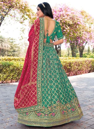 Green Banarasi Silk A - Line Lehenga Choli with Embroidered, Jacquard and Zari Work