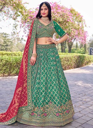 Green Banarasi Silk A - Line Lehenga Choli with Embroidered, Jacquard and Zari Work
