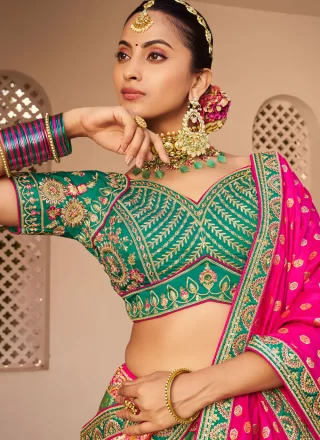 Green Banarasi Silk A - Line Lehenga Choli with Embroidered, Sequins, Stone, Thread, Weaving and Zari Work