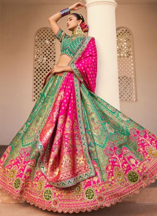 Green Banarasi Silk A - Line Lehenga Choli with Embroidered, Sequins, Stone, Thread, Weaving and Zari Work