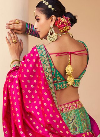 Green Banarasi Silk A - Line Lehenga Choli with Embroidered, Sequins, Stone, Thread, Weaving and Zari Work