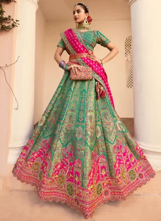 Green Banarasi Silk A - Line Lehenga Choli with Embroidered, Sequins, Stone, Thread, Weaving and Zari Work