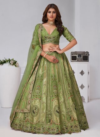 Green Banarasi Silk A - Line Lehenga Choli with Embroidered Work