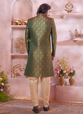 Green Banarasi Silk Buttons Work Sherwani Mens Wear