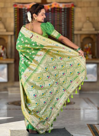 Green Banarasi Silk Contemporary Saree with Jacquard and Woven Work