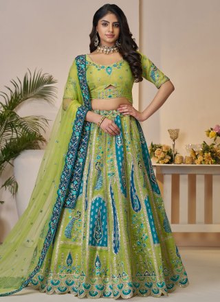 Green Banarasi Silk Embroidered, Sequins, Stone, Thread and Zari Work Lehenga Choli for Mehndi