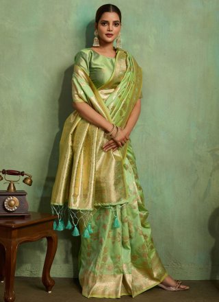 Green Banarasi Silk Jaal, Meenakari, Woven and Zari Work Classic Saree