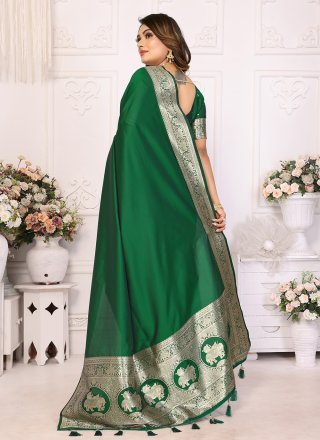 Green Banarasi Silk Jacquard and Weaving Work Classic Sari for Ceremonial